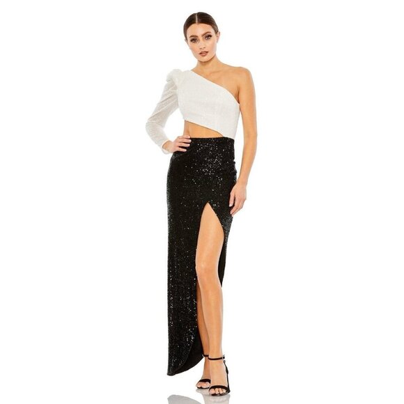 Mac Duggal Size 4 Black White 42037 Sequin One Puff Shoulder Gown Dress New Prom - Picture 1 of 14